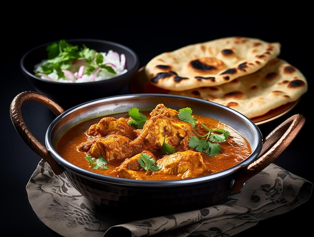 A bowl of chicken curry with a side of naan bread.