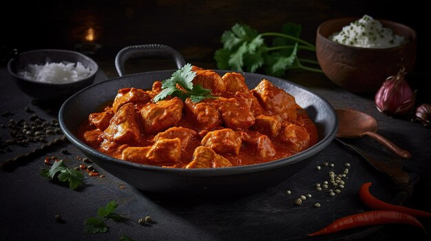 A bowl of chicken curry with spices on a black table