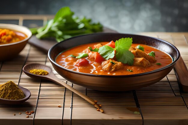 A bowl of chicken curry with a spoon on a bamboo table.