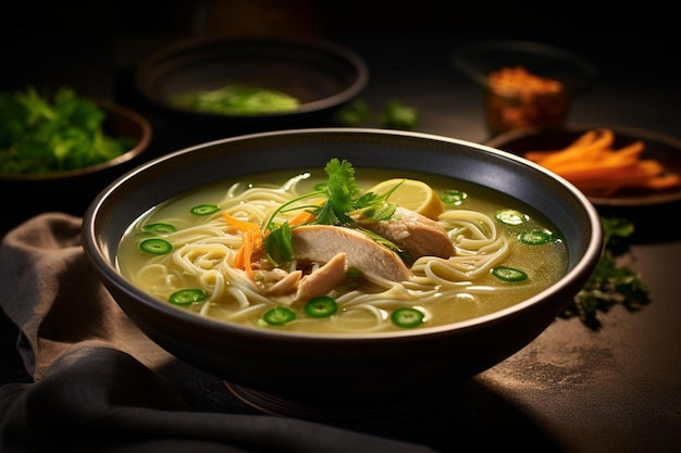 a bowl of chicken noodle soup on a table