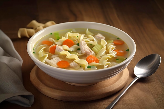 A bowl of chicken noodle soup with carrots and celery.