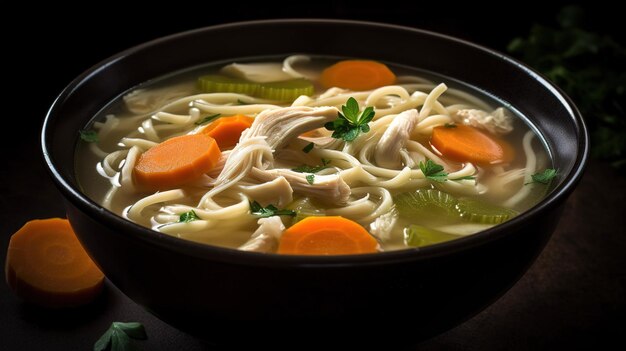 A bowl of chicken noodle soup with carrots and celery