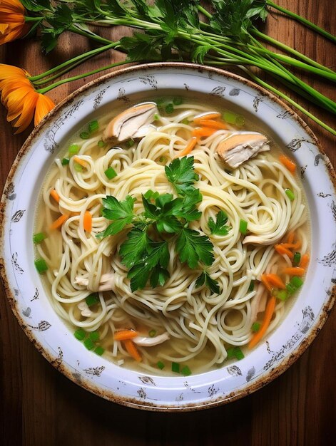 Foto una ciotola di noodle di pollo con carote e prezzemolo