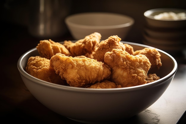 A bowl of chicken nuggets sits on a table.