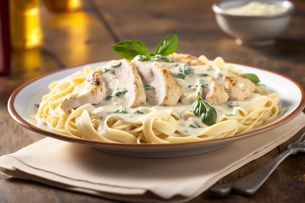 A bowl of chicken pasta with basil sauce.