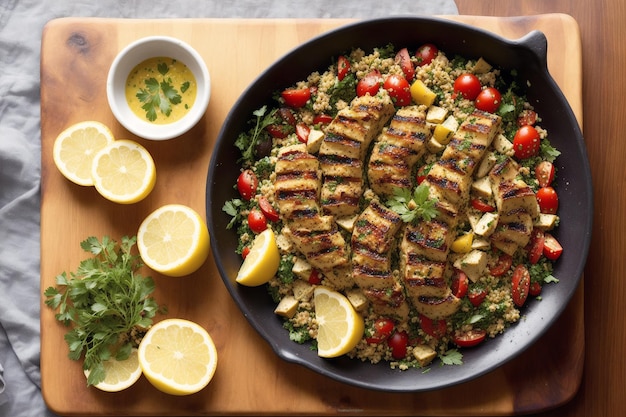 A bowl of chicken and quinoa with lemon wedges and parsley.
