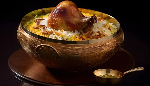 Photo a bowl of chicken and rice with a side of chutney