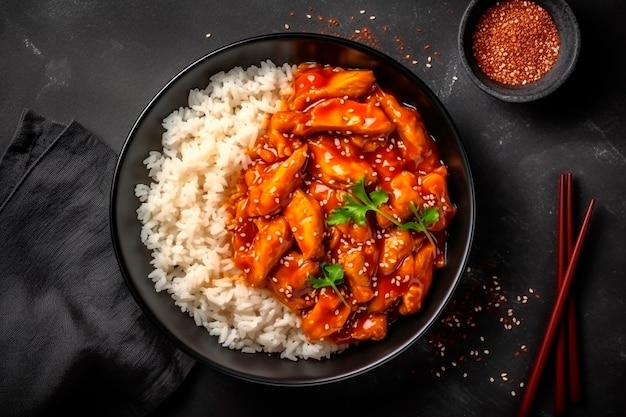 A bowl of chicken and rice with a side of sesame seeds on the side.