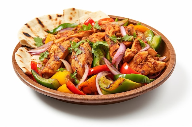 A bowl of chicken salad with vegetables and pita bread.