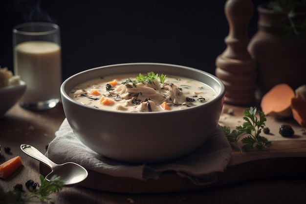 A bowl of chicken soup with a glass of milk on a table.