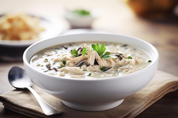 A bowl of chicken soup with mushrooms and parsley on top