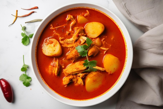 A bowl of chicken soup with potatoes and cilantro on the side.