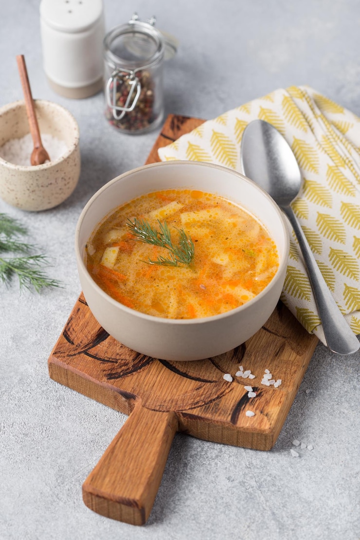 Фотография миска куриного супа с ложкой на деревянной доске.