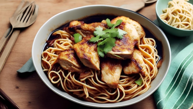 A bowl of chicken spaghetti with a spoonful of parsley