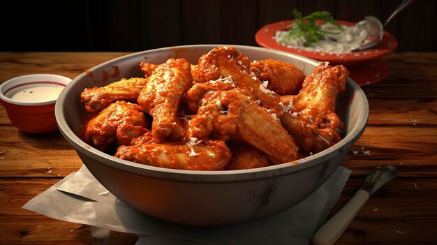 Photo a bowl of chicken wings sits on a table