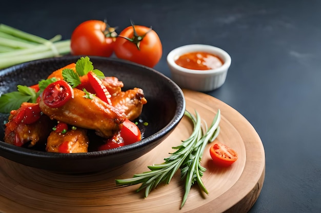 A bowl of chicken wings with a bowl of sauce and herbs on a dark background.