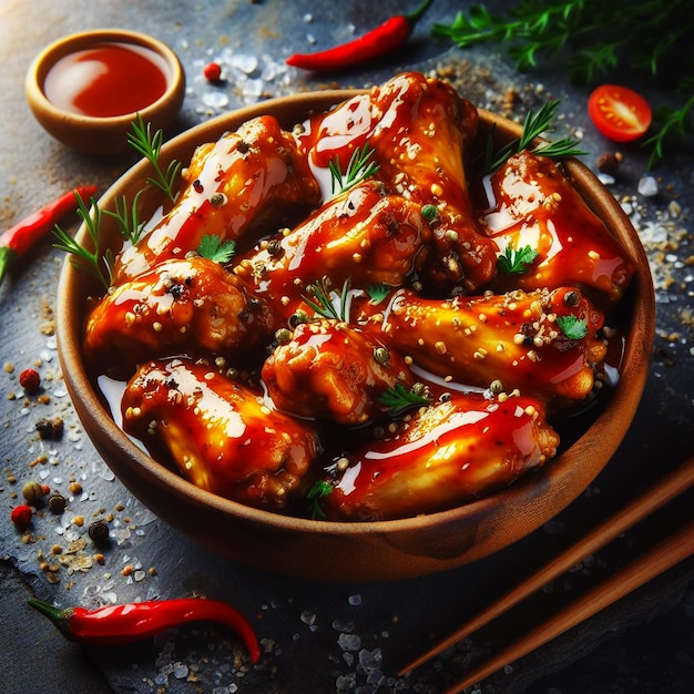 Photo a bowl of chicken wings with sauce and herbs