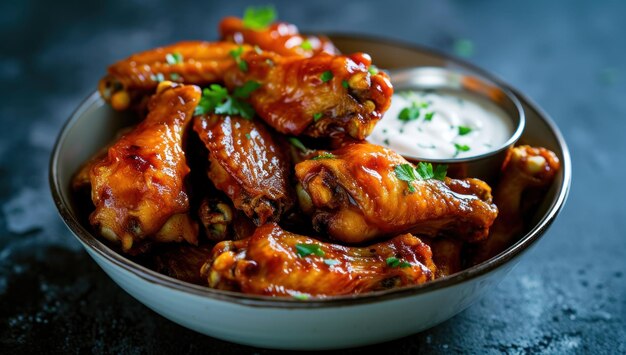 A bowl of chicken wings with sauce