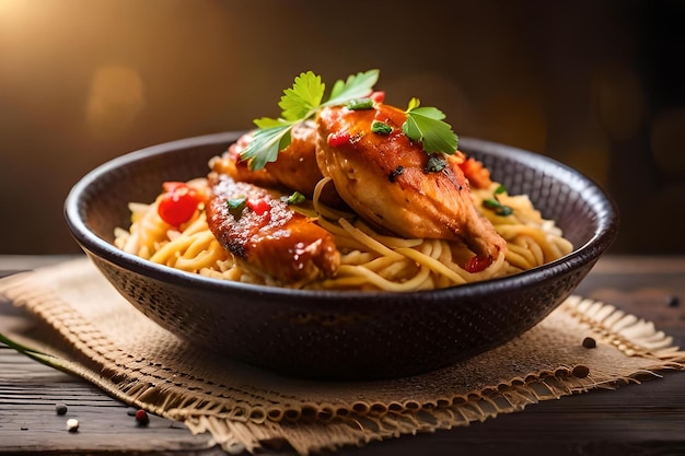 A bowl of chicken with chicken and vegetables