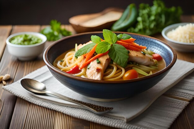 ヌードルと野菜が入った肉の鉢