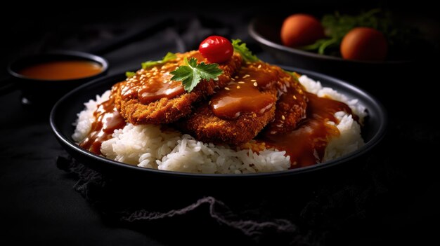 A bowl of chicken with rice and sauce