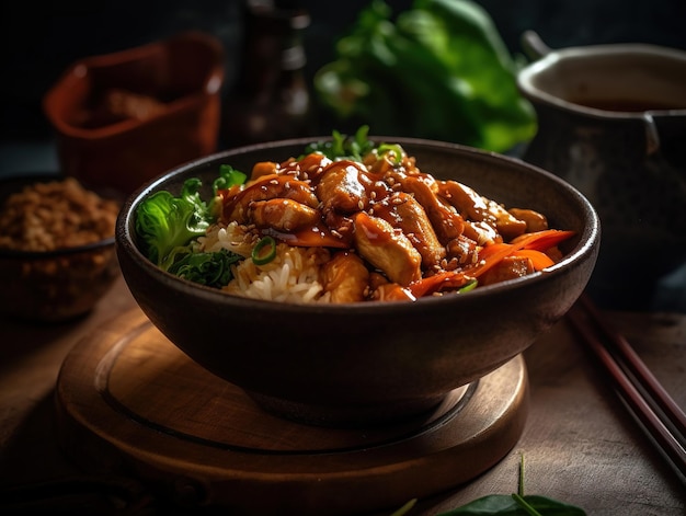 A bowl of chicken with rice and vegetables on a table.