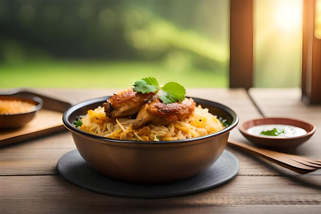 a bowl of chicken with rice and vegetables on a wooden table