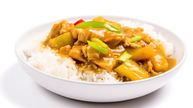 A bowl of chicken with rice on a white background