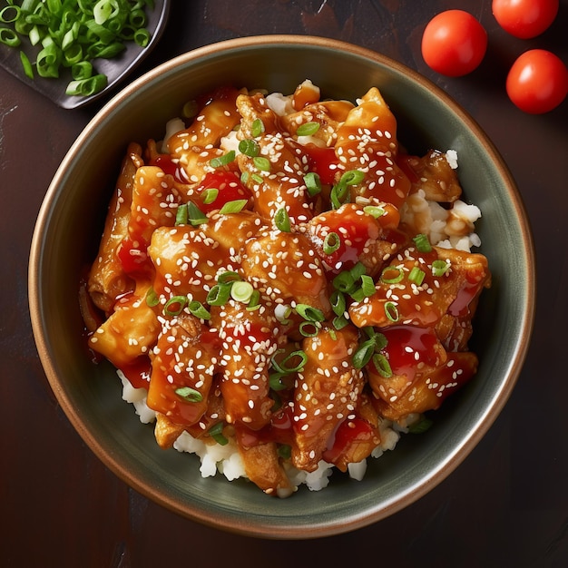 A bowl of chicken with sesame seeds on top of rice.