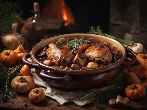 a bowl of chicken with vegetables and a fire in the background.