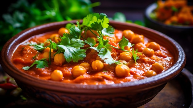 A bowl of chickpea curry with cilantro on the side