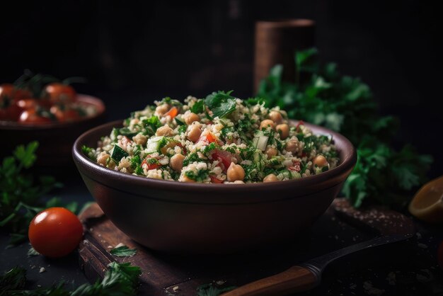 A bowl of chickpea salad with a tomato and parsley on a table.