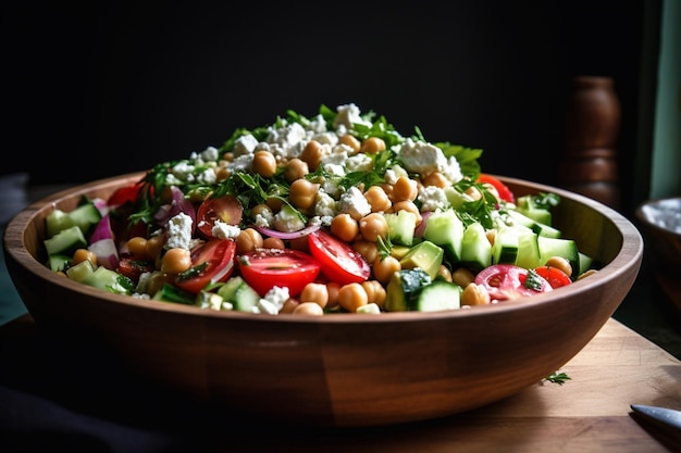 A bowl of chickpeas and feta salad with cucumber, feta, and feta.