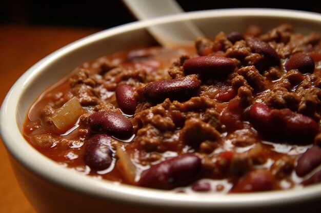 A bowl of chili and beans with a spoon in it generative AI