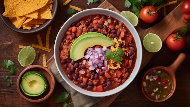 Bowl of chili con carne Top down view