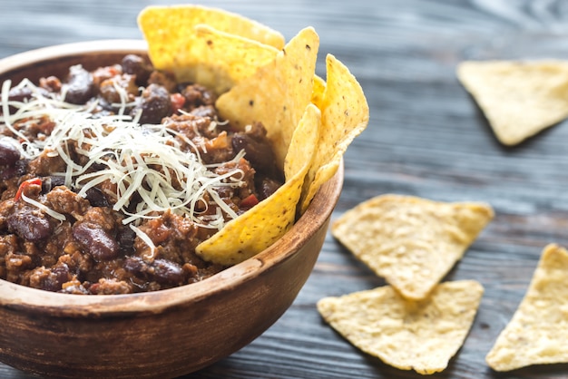 Bowl of chili con carne with tortilla chips