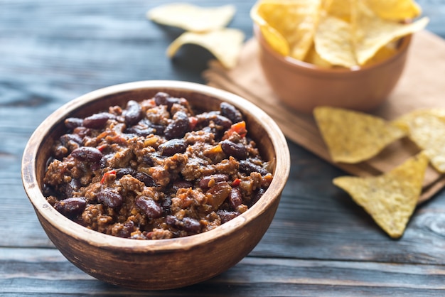 Bowl of chili con carne with tortilla chips