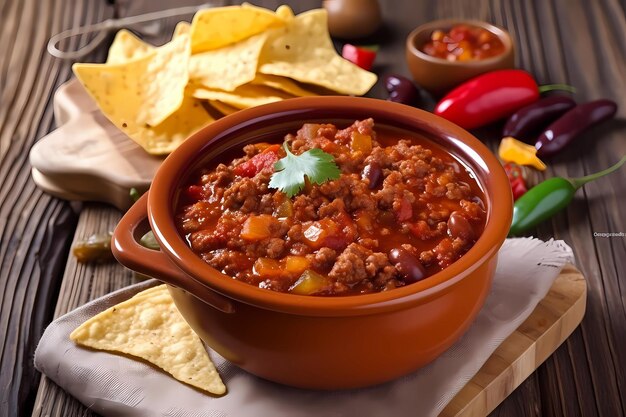 Bowl of chili con carne on wooden table with chips
