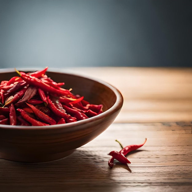 A bowl of chili peppers sits on a table with a few other chilis on it.