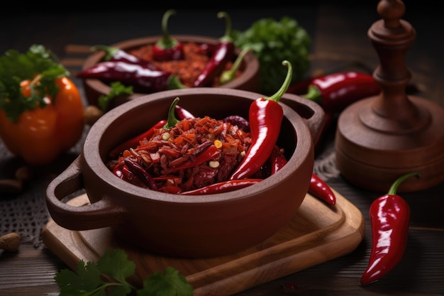 A bowl of chili peppers with a pumpkin on the side