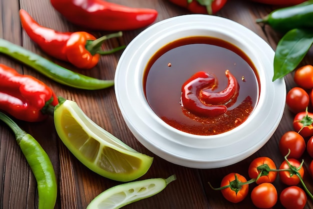 a bowl of chili sauce with a slice of lime on a wooden table.