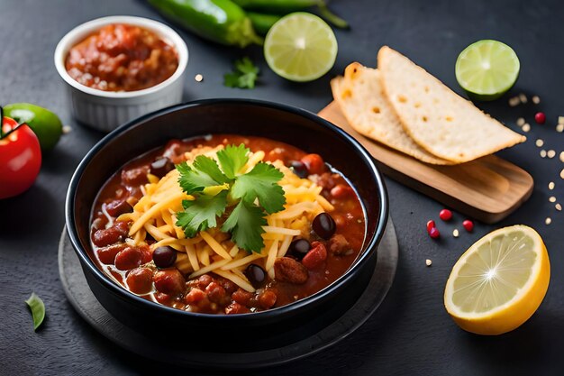 A bowl of chili with beans and cheese on a black table