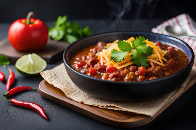 Photo a bowl of chili with beans and vegetables on a table.