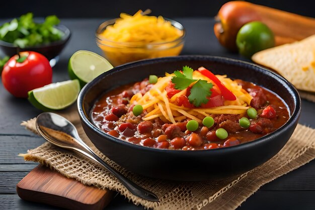 a bowl of chili with beans and vegetables on a table.