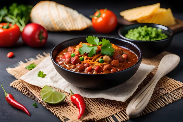 A bowl of chili with beans and vegetables