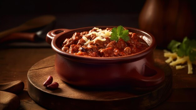 A bowl of chili with cheese on the side