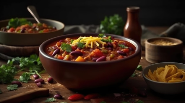 A bowl of chili with cheese on top