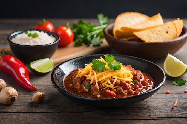 A bowl of chili with cheese and vegetables on a wooden table