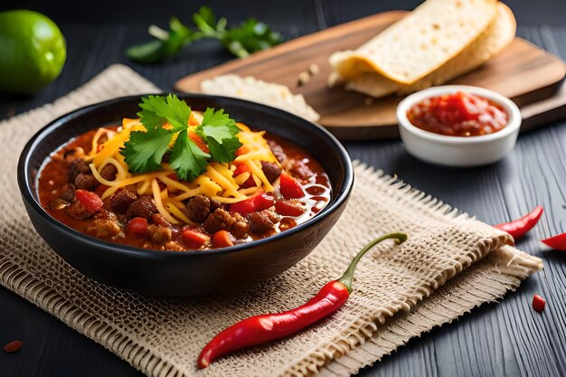 A bowl of chili with chili and chili on a table