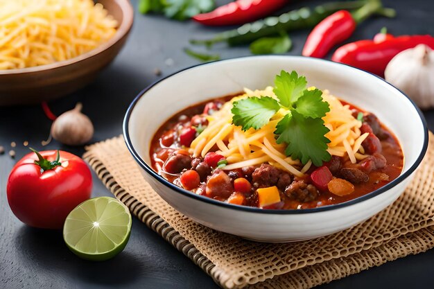 a bowl of chili with chili and vegetables on a table.